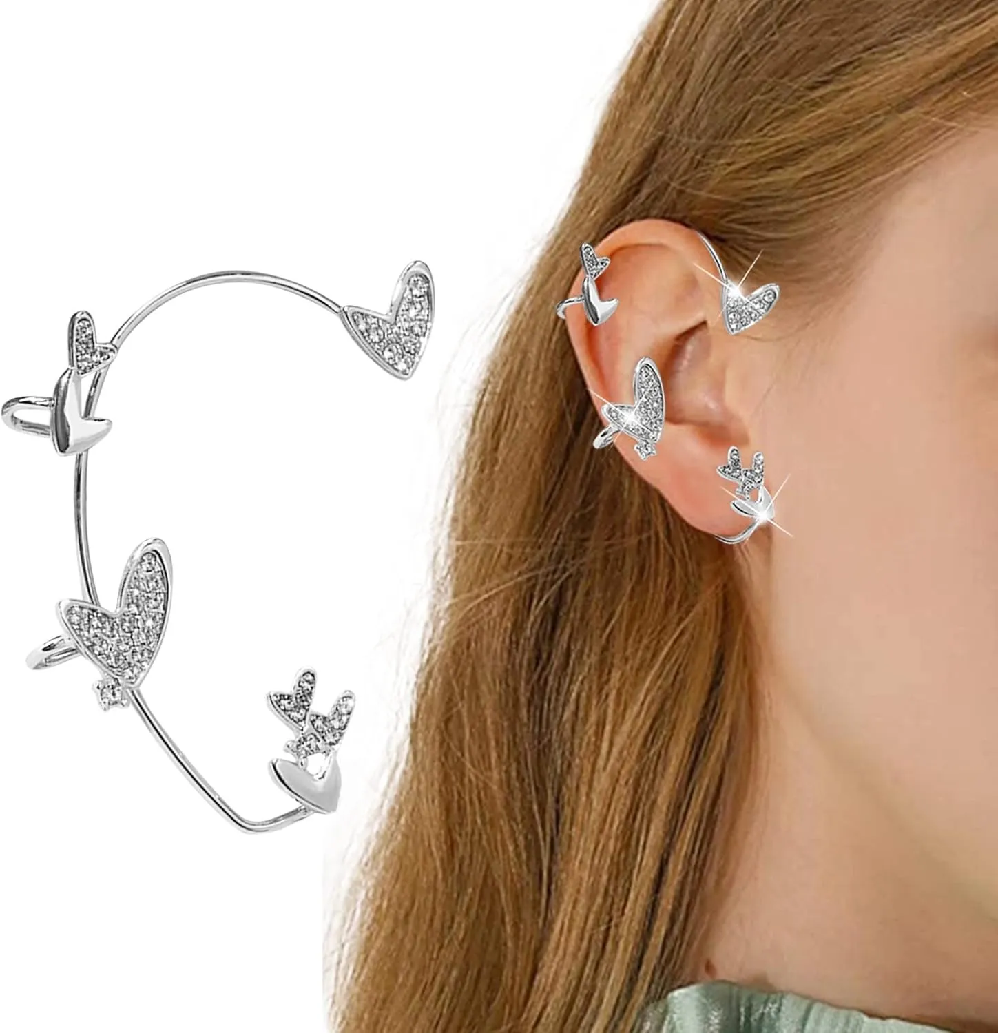 stud heart-shaped ear clips, non-pierced zircon star rhinestone cuff wrapped door knocker earrings