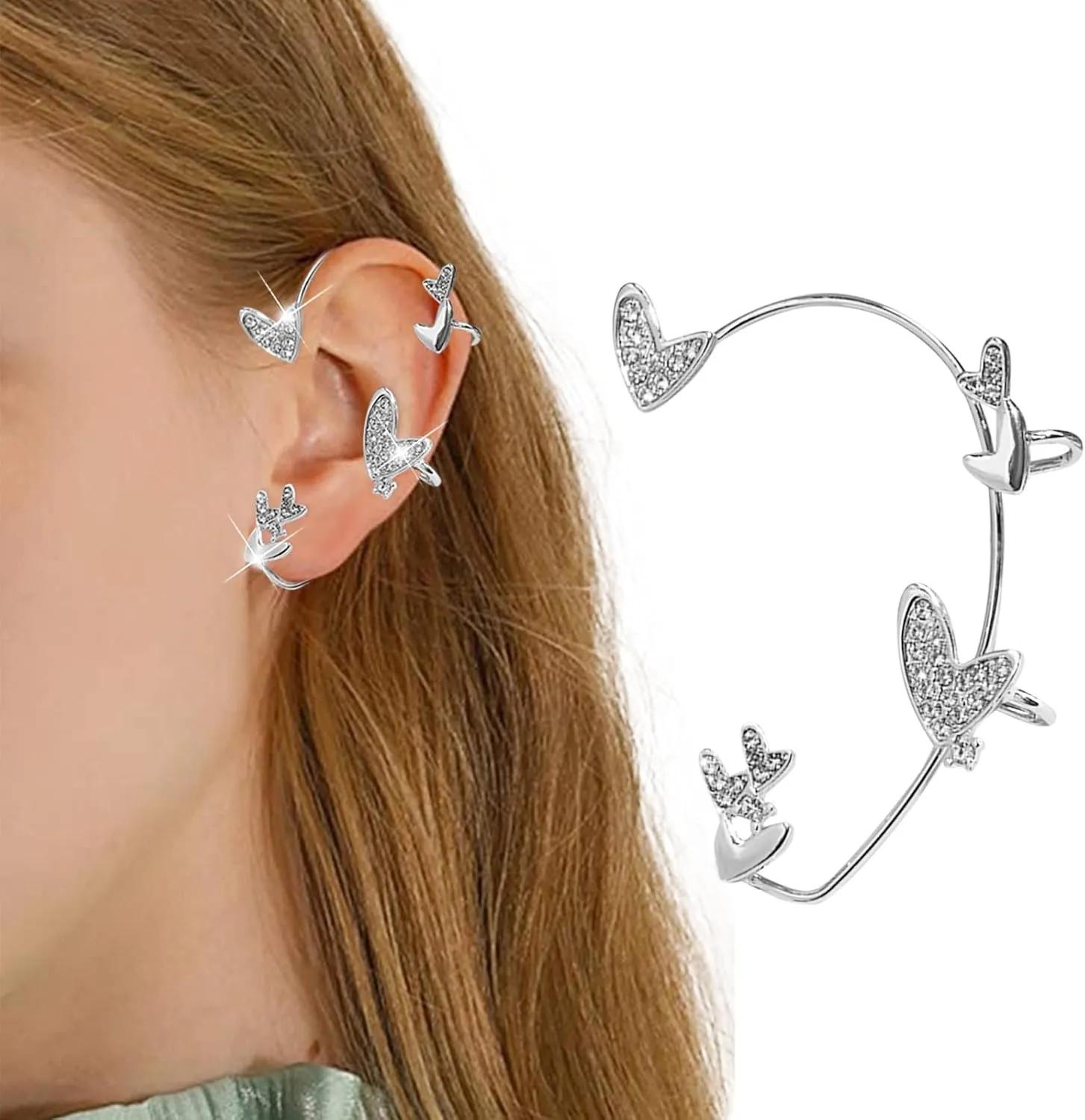 stud heart-shaped ear clips, non-pierced zircon star rhinestone cuff wrapped door knocker earrings