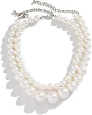 SukAmi Big Pearl Choker Necklace Women Chunky Large Faux Pearl Necklace White Layers Pearl Necklace 35cm