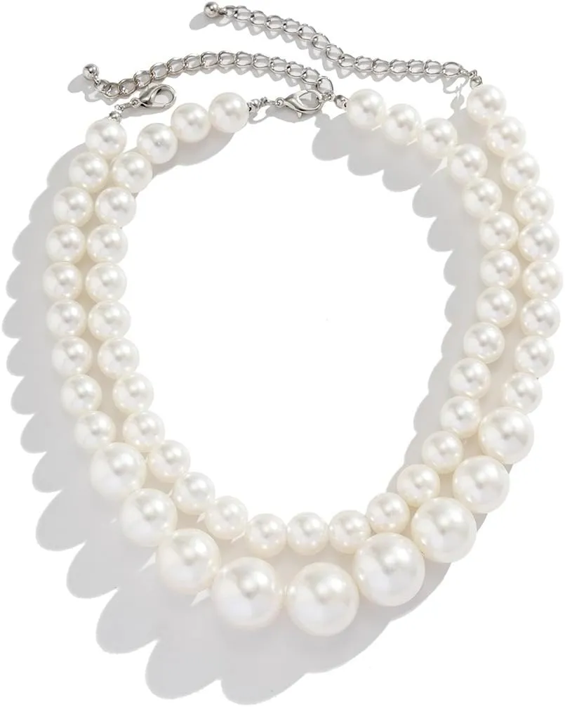 SukAmi Big Pearl Choker Necklace Women Chunky Large Faux Pearl Necklace White Layers Pearl Necklace 35cm