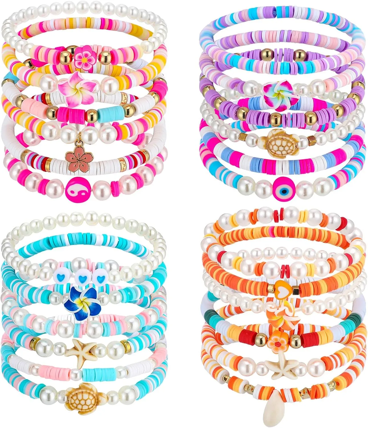 Sureio 24 Pcs Bohemia Hawaiian Plumeria Rubra Tropical Flower Friendship Bracelets for Party Favors Heishi Surfer Beaded Stretch Bracelets Y2K Pearl Bracelets Summer Beach Holiday Jewelry