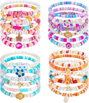 Sureio 24 Pcs Bohemia Hawaiian Plumeria Rubra Tropical Flower Friendship Bracelets for Party Favors Heishi Surfer Beaded Stretch Bracelets Y2K Pearl Bracelets Summer Beach Holiday Jewelry