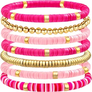 Surfer Heishi Clay Bead Bracelets for Women Pink Bohemian Stackable Stretch Beaded Bracelets Set Polymer Clay Bracelets Friendship Bracelets Preppy Bracelets Boho Summer Beach Jewelry for Women