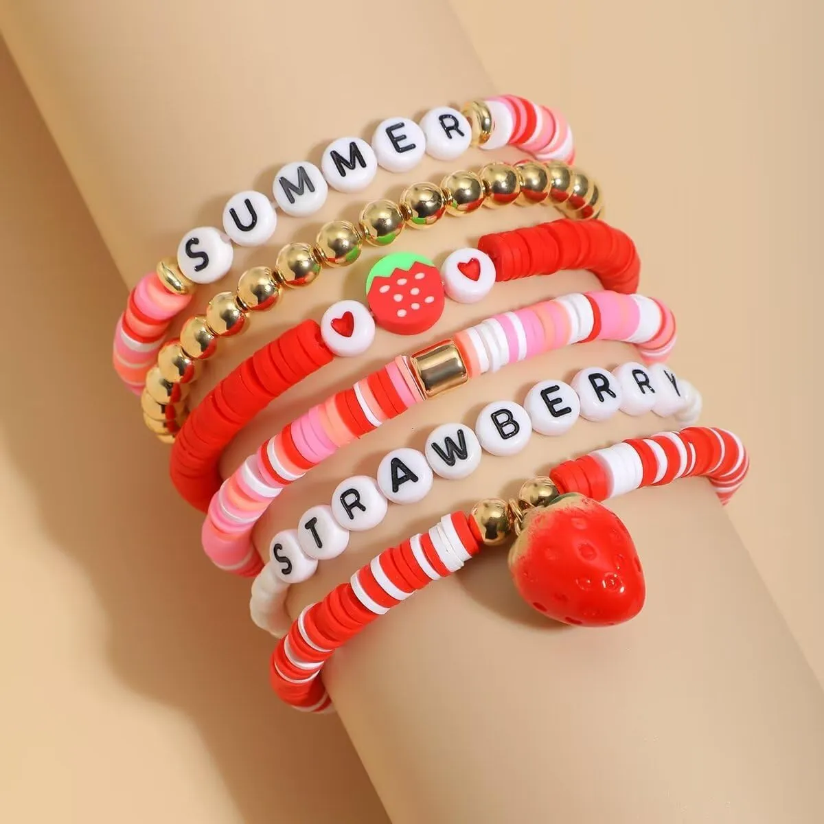 Surfer Heishi Clay Bead Strawberry Bracelets Set for Women Bohemian Stackable Gold Plated Beaded Elastic Stretch Bracelet Resin Friendship Summer Beach Birthday Jewelry Gifts