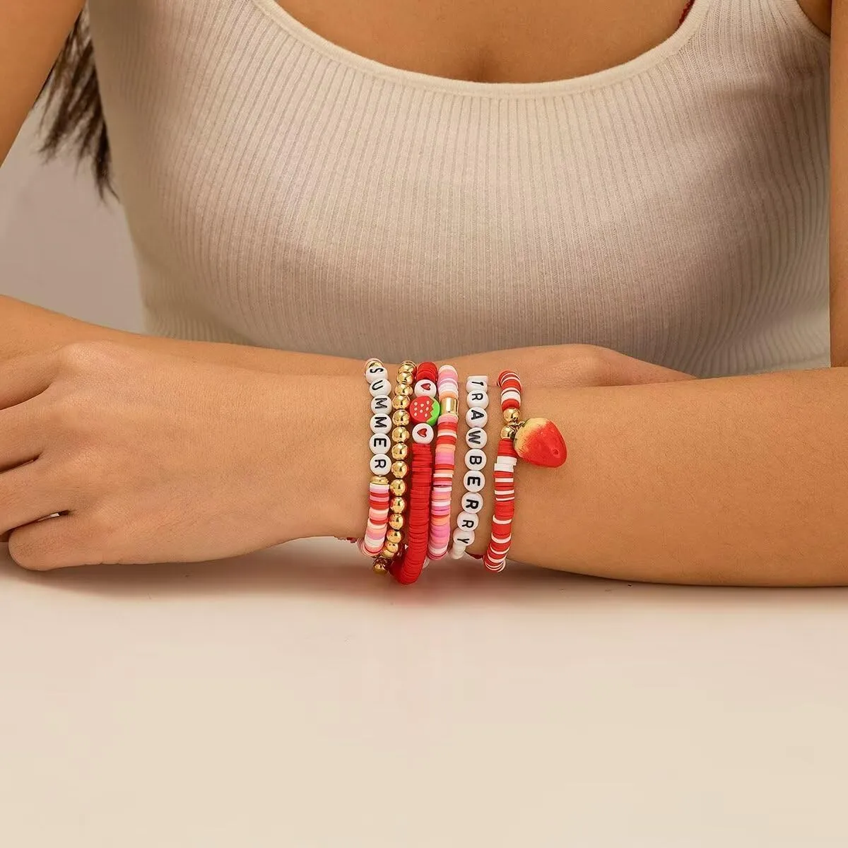Surfer Heishi Clay Bead Strawberry Bracelets Set for Women Bohemian Stackable Gold Plated Beaded Elastic Stretch Bracelet Resin Friendship Summer Beach Birthday Jewelry Gifts