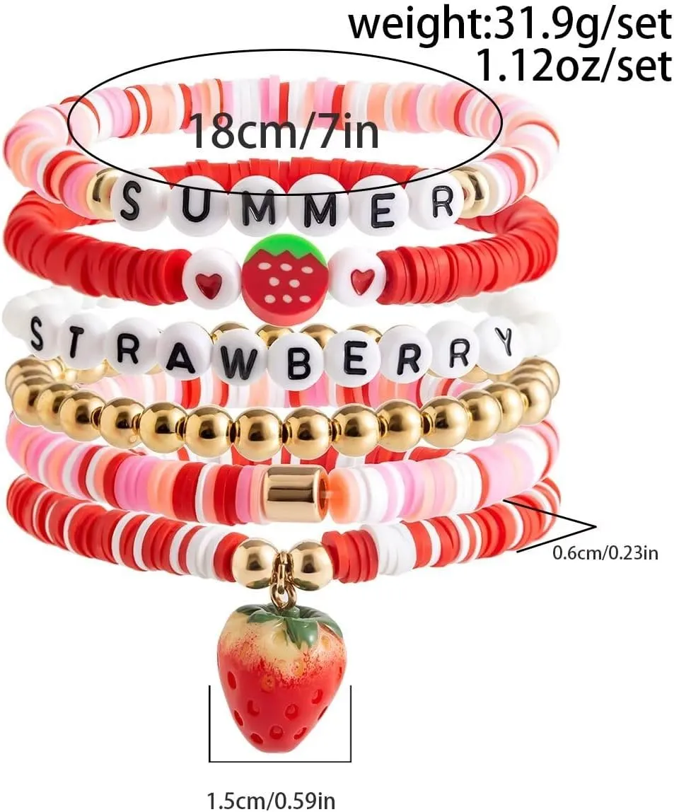 Surfer Heishi Clay Bead Strawberry Bracelets Set for Women Bohemian Stackable Gold Plated Beaded Elastic Stretch Bracelet Resin Friendship Summer Beach Birthday Jewelry Gifts