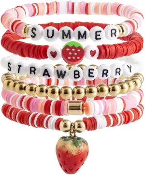 Surfer Heishi Clay Bead Strawberry Bracelets Set for Women Bohemian Stackable Gold Plated Beaded Elastic Stretch Bracelet Resin Friendship Summer Beach Birthday Jewelry Gifts