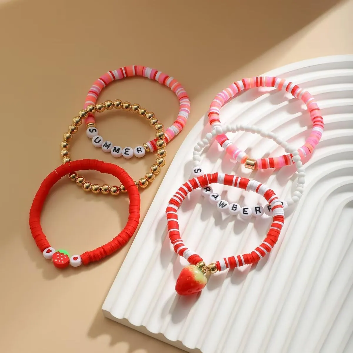 Surfer Heishi Clay Bead Strawberry Bracelets Set for Women Bohemian Stackable Gold Plated Beaded Elastic Stretch Bracelet Resin Friendship Summer Beach Birthday Jewelry Gifts