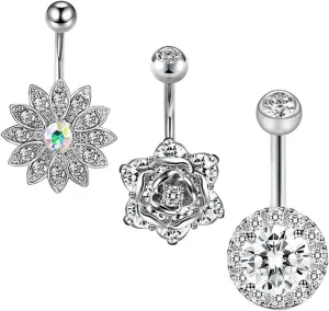 Surgical Stainless Steel Belly Ring, 3Pcs Navel Rings Simple Cubic Zirconia Studs 14G Dangle Belly Ring for Women