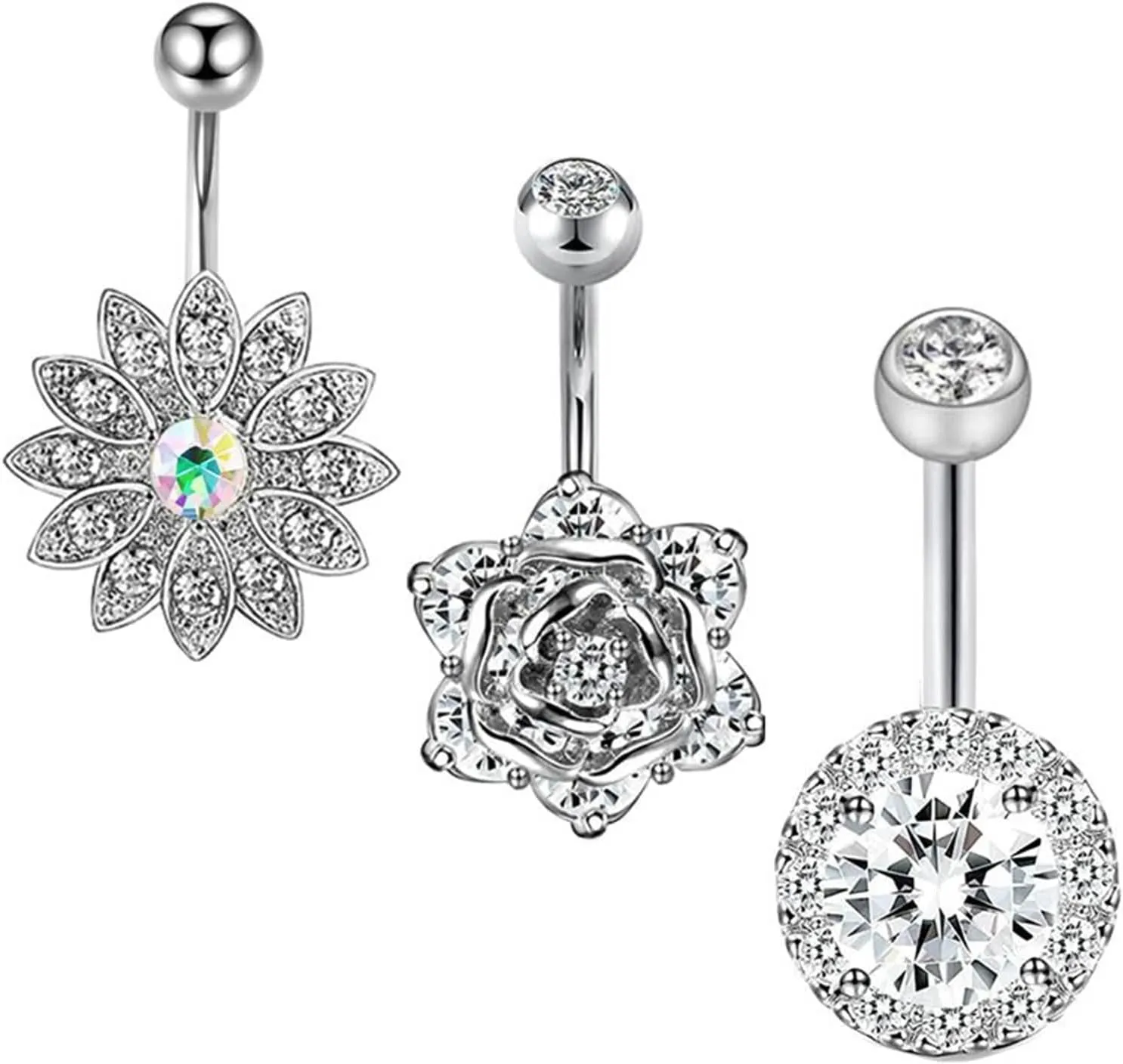 Surgical Stainless Steel Belly Ring, 3Pcs Navel Rings Simple Cubic Zirconia Studs 14G Dangle Belly Ring for Women
