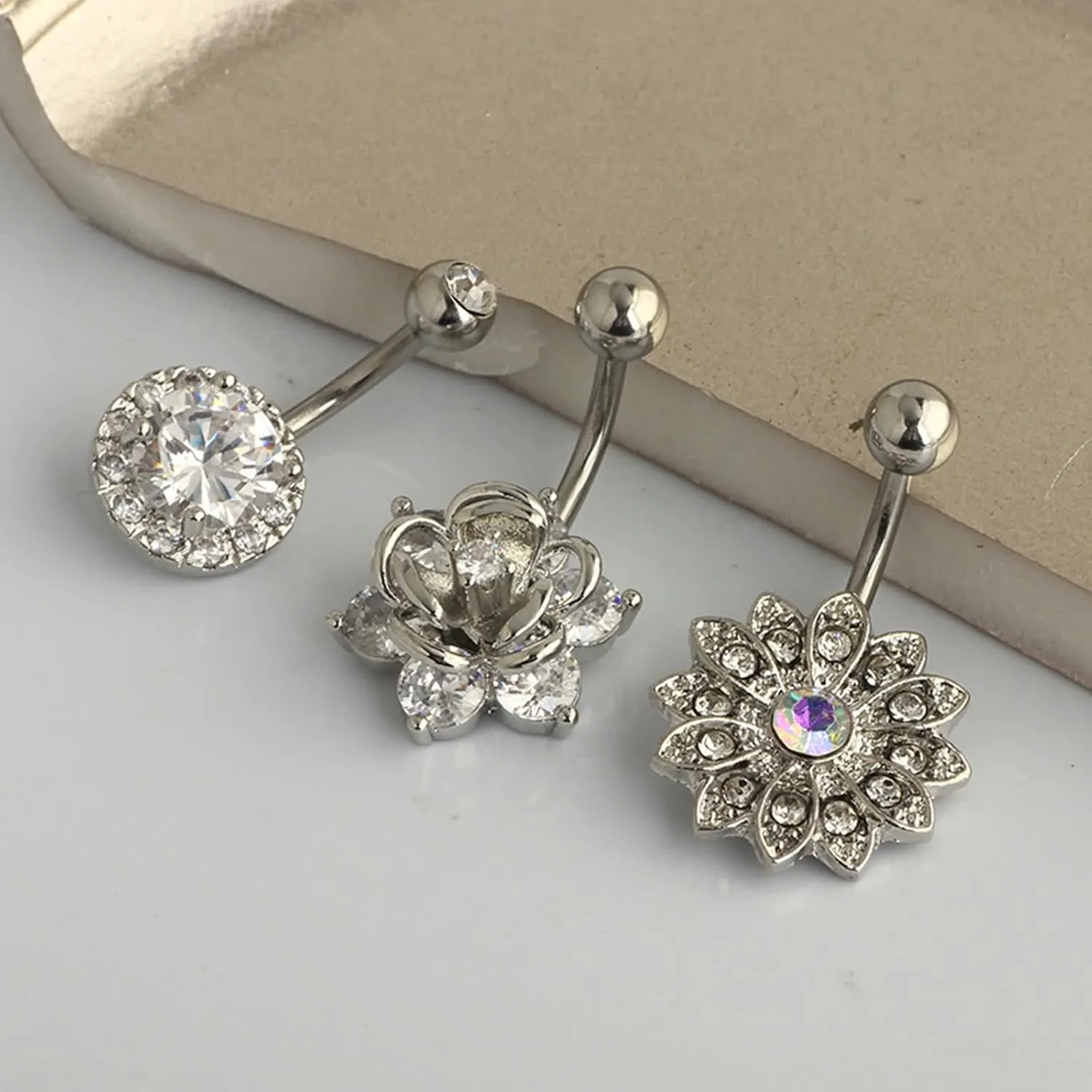 Surgical Stainless Steel Belly Ring, 3Pcs Navel Rings Simple Cubic Zirconia Studs 14G Dangle Belly Ring for Women