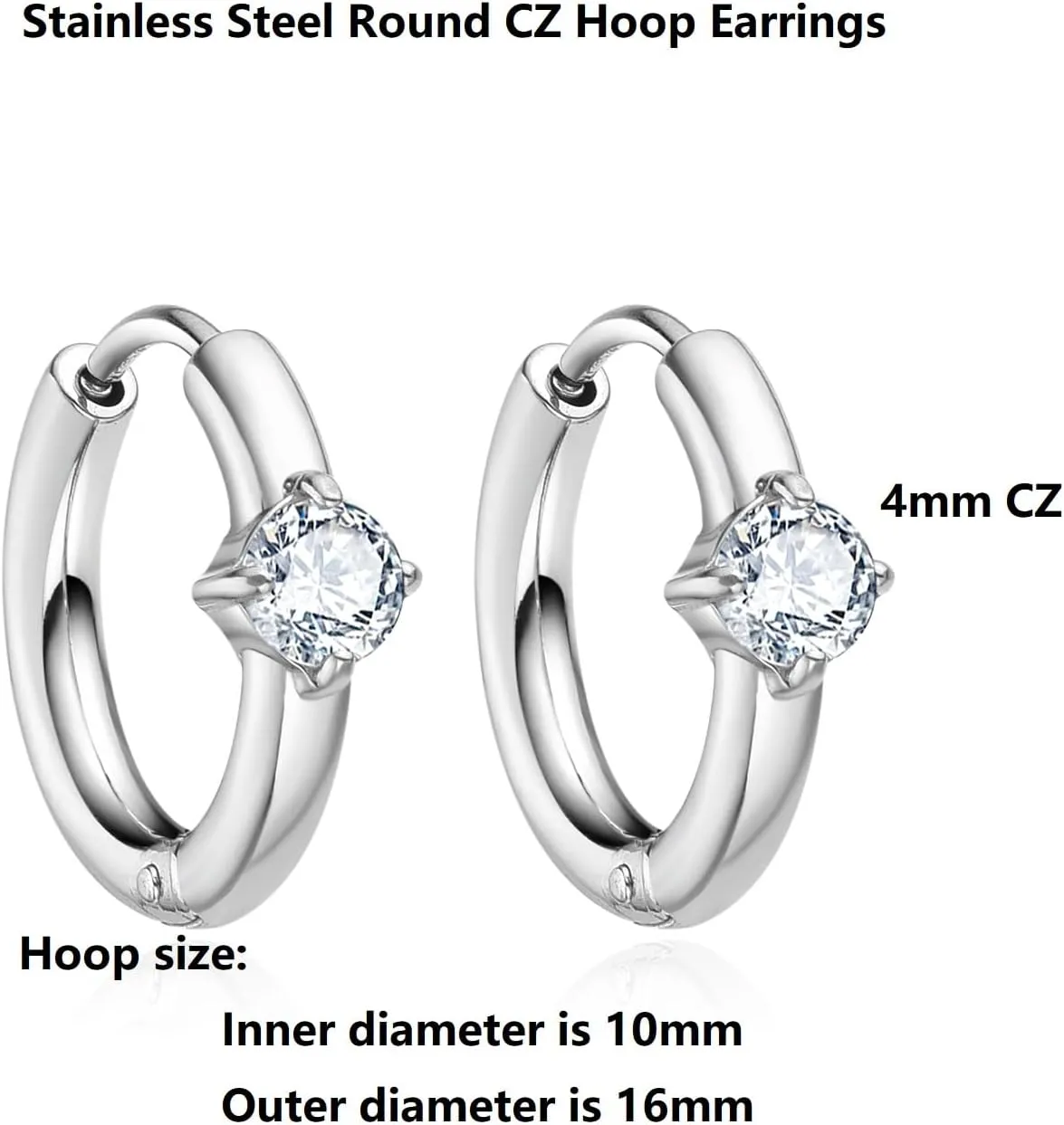 Surgical Stainless Steel Cubic Zirconia Hoop Earrings, Heart Star Square Teardrop Triangle Rectangle Horse Eye Round CZ Huggie earrings for Women