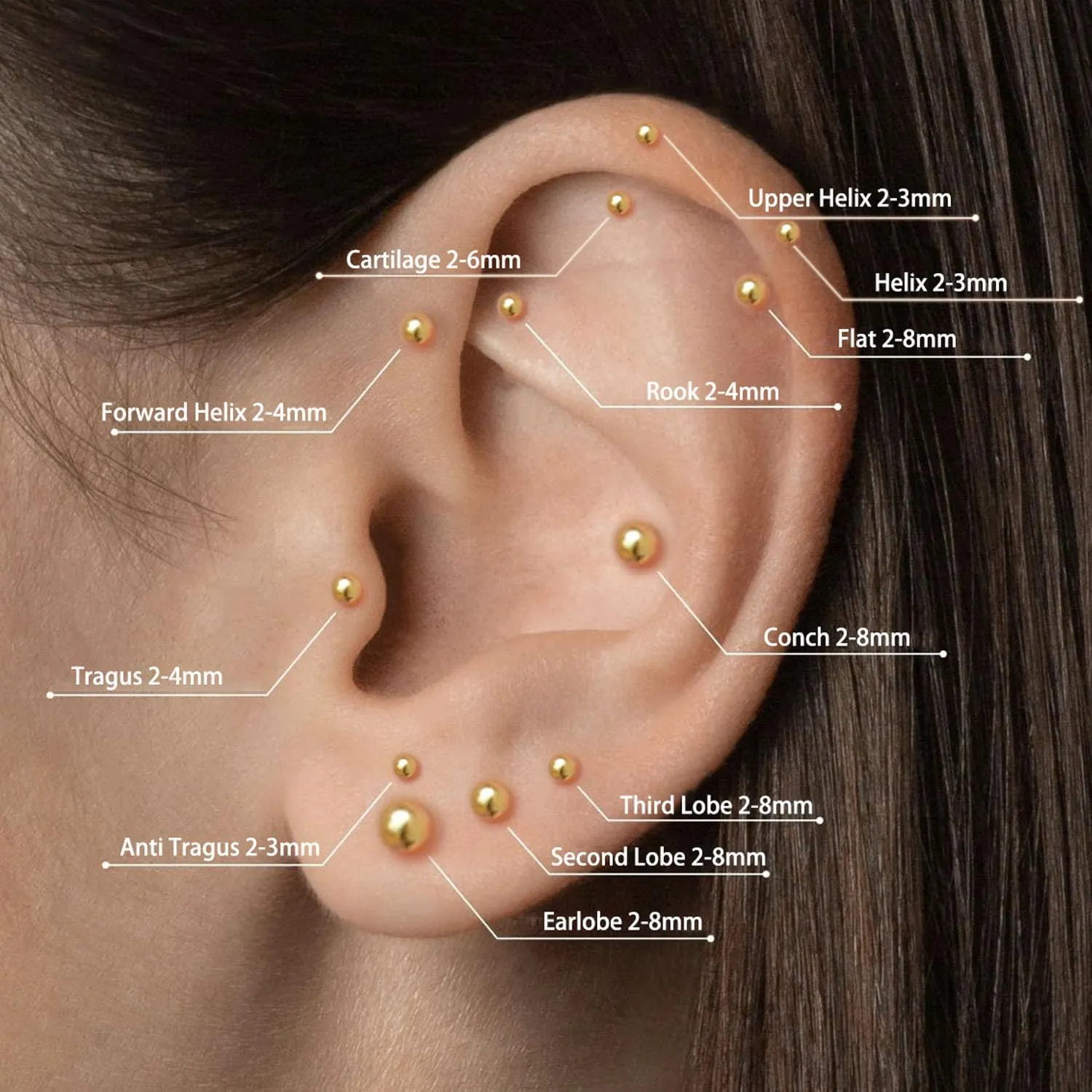 Sweetkiki Threadless Flat Back Earrings, 14K Gold Plated Ball Stud Earrings Hypoallergenic | Cartilage Earring | Helix Piercing Jewelry | Tragus Piercing Jewelry | Push in Flatback Earrings for Women Men