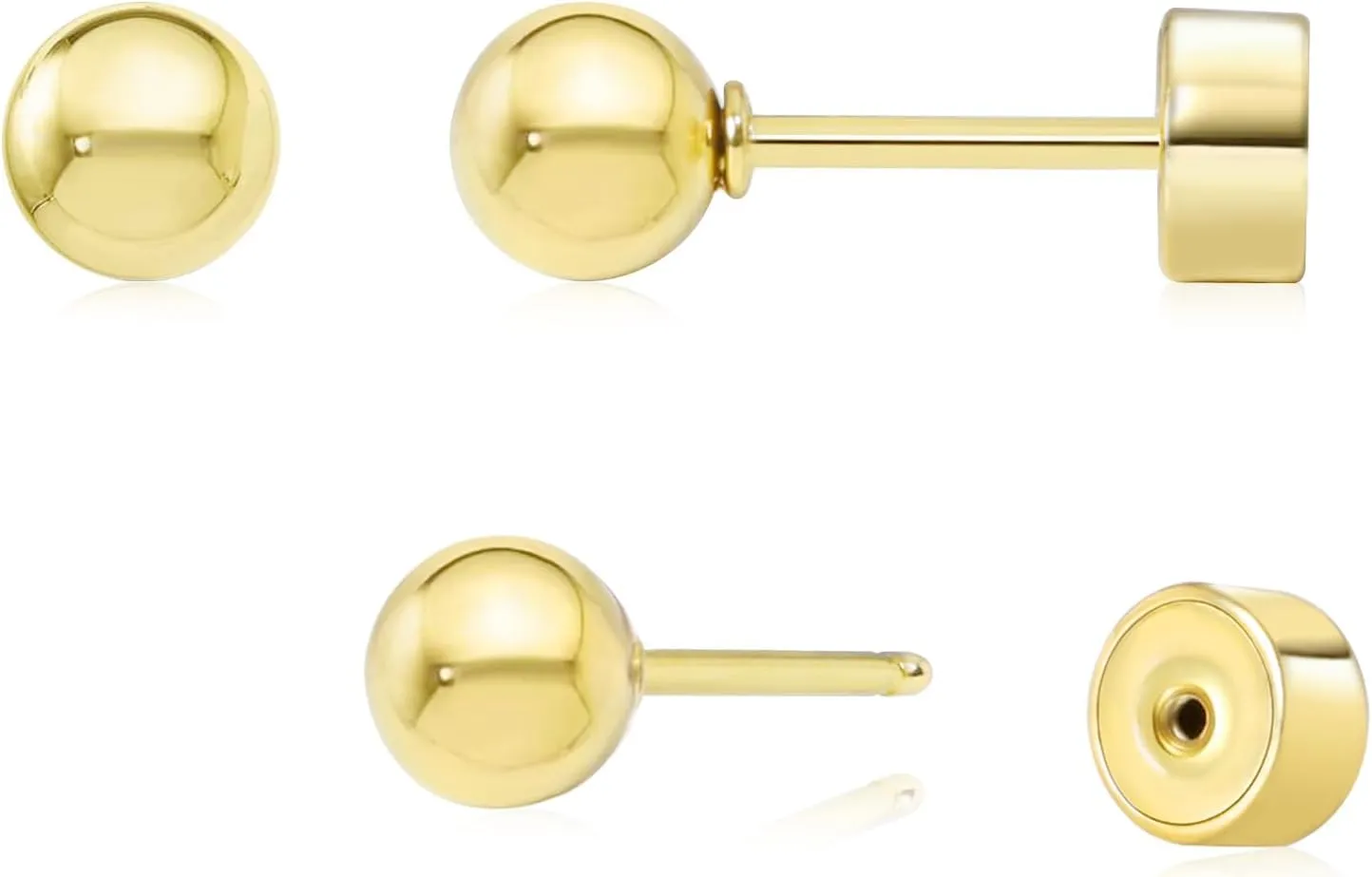 Sweetkiki Threadless Flat Back Earrings, 14K Gold Plated Ball Stud Earrings Hypoallergenic | Cartilage Earring | Helix Piercing Jewelry | Tragus Piercing Jewelry | Push in Flatback Earrings for Women Men
