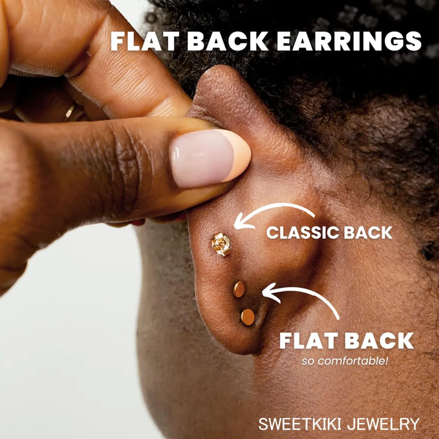 Sweetkiki Threadless Flat Back Earrings, 14K Gold Plated Ball Stud Earrings Hypoallergenic | Cartilage Earring | Helix Piercing Jewelry | Tragus Piercing Jewelry | Push in Flatback Earrings for Women Men