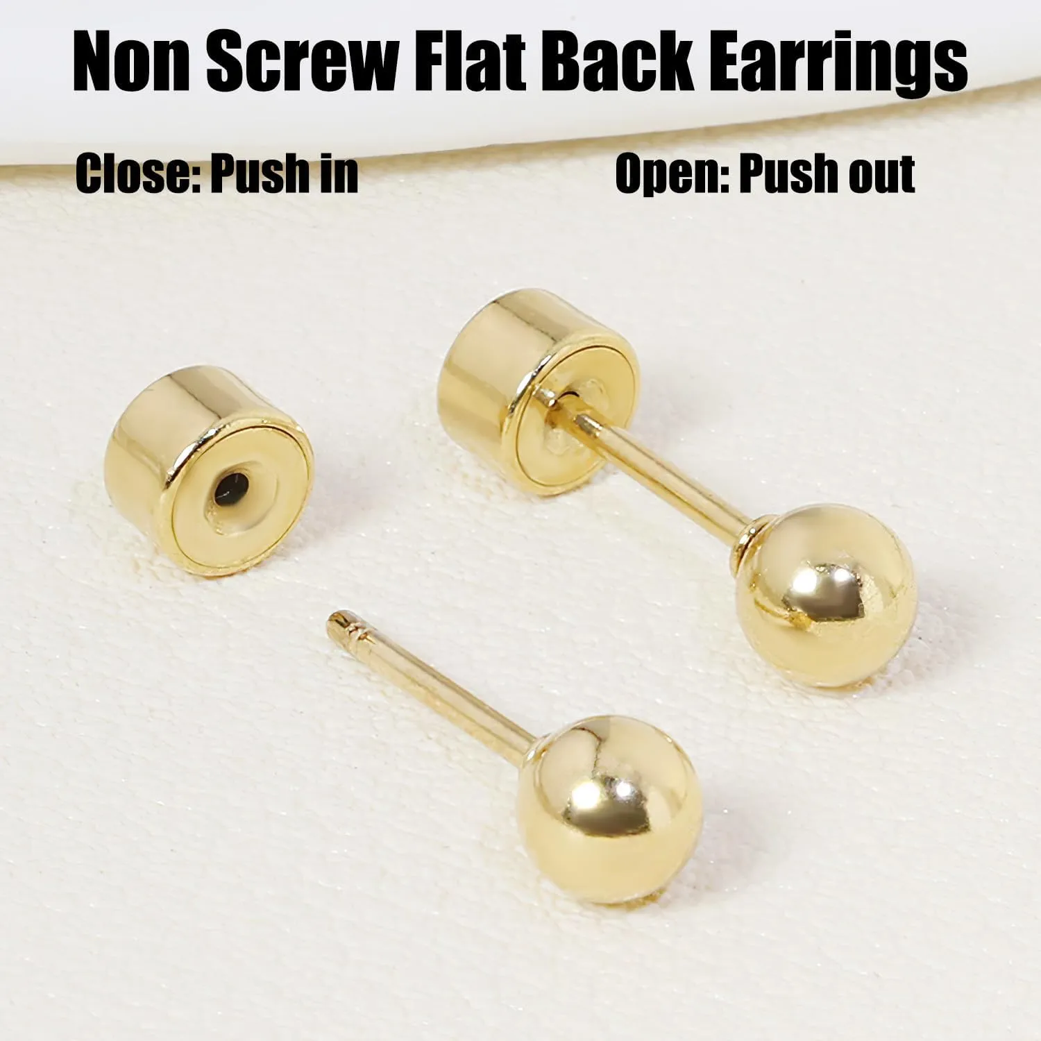 Sweetkiki Threadless Flat Back Earrings, 14K Gold Plated Ball Stud Earrings Hypoallergenic | Cartilage Earring | Helix Piercing Jewelry | Tragus Piercing Jewelry | Push in Flatback Earrings for Women Men