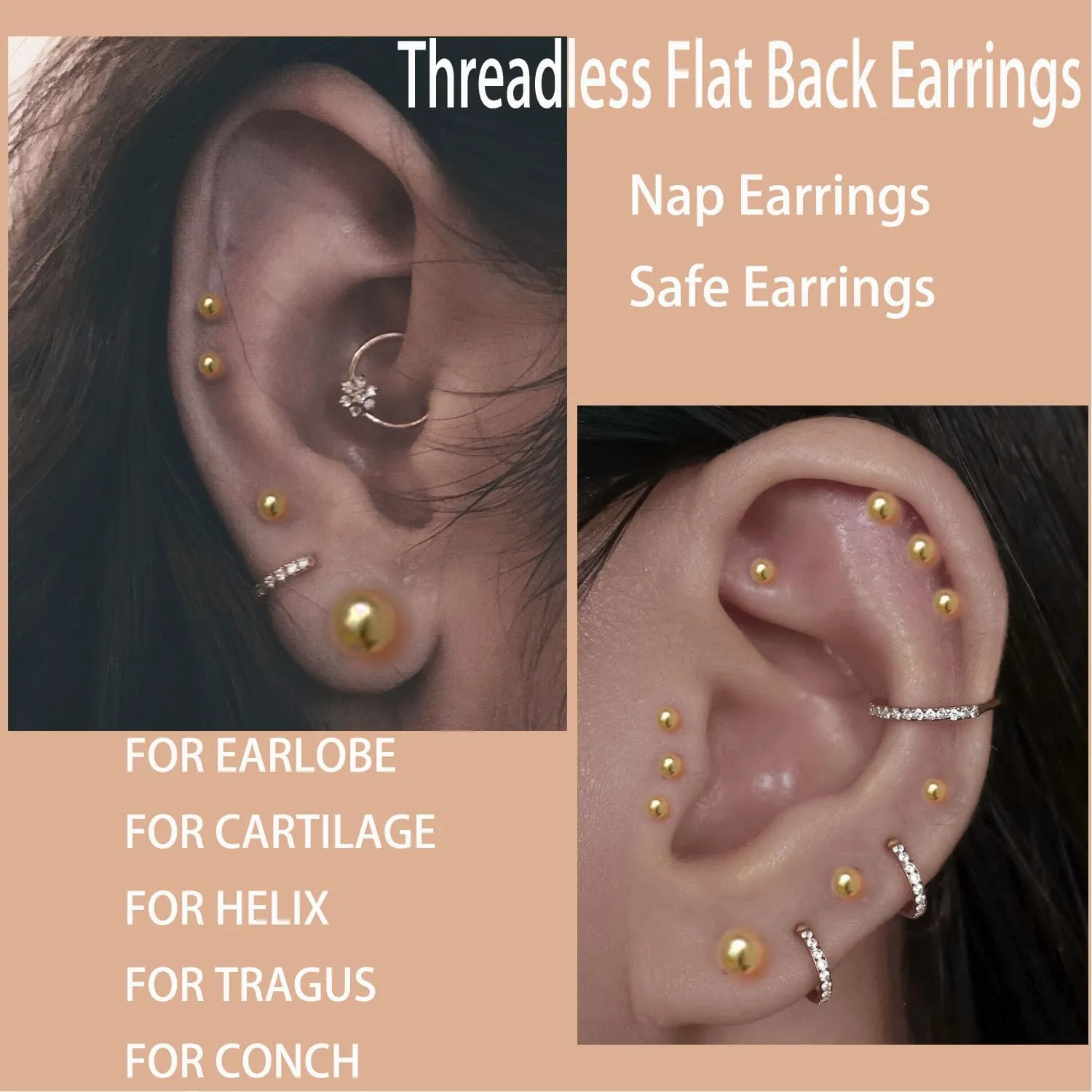 Sweetkiki Threadless Flat Back Earrings, 14K Gold Plated Ball Stud Earrings Hypoallergenic | Cartilage Earring | Helix Piercing Jewelry | Tragus Piercing Jewelry | Push in Flatback Earrings for Women Men