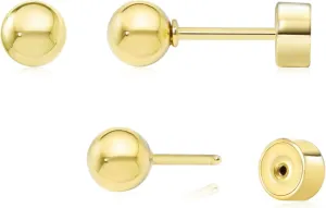 Sweetkiki Threadless Flat Back Earrings, 14K Gold Plated Ball Stud Earrings Hypoallergenic | Cartilage Earring | Helix Piercing Jewelry | Tragus Piercing Jewelry | Push in Flatback Earrings for Women Men