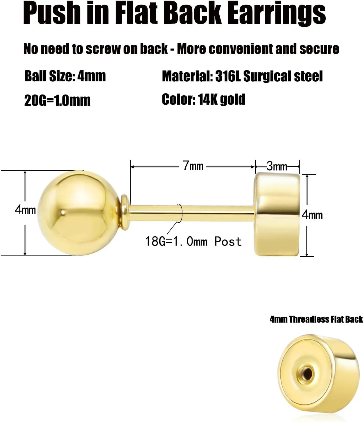Sweetkiki Threadless Flat Back Earrings, 14K Gold Plated Ball Stud Earrings Hypoallergenic | Cartilage Earring | Helix Piercing Jewelry | Tragus Piercing Jewelry | Push in Flatback Earrings for Women Men