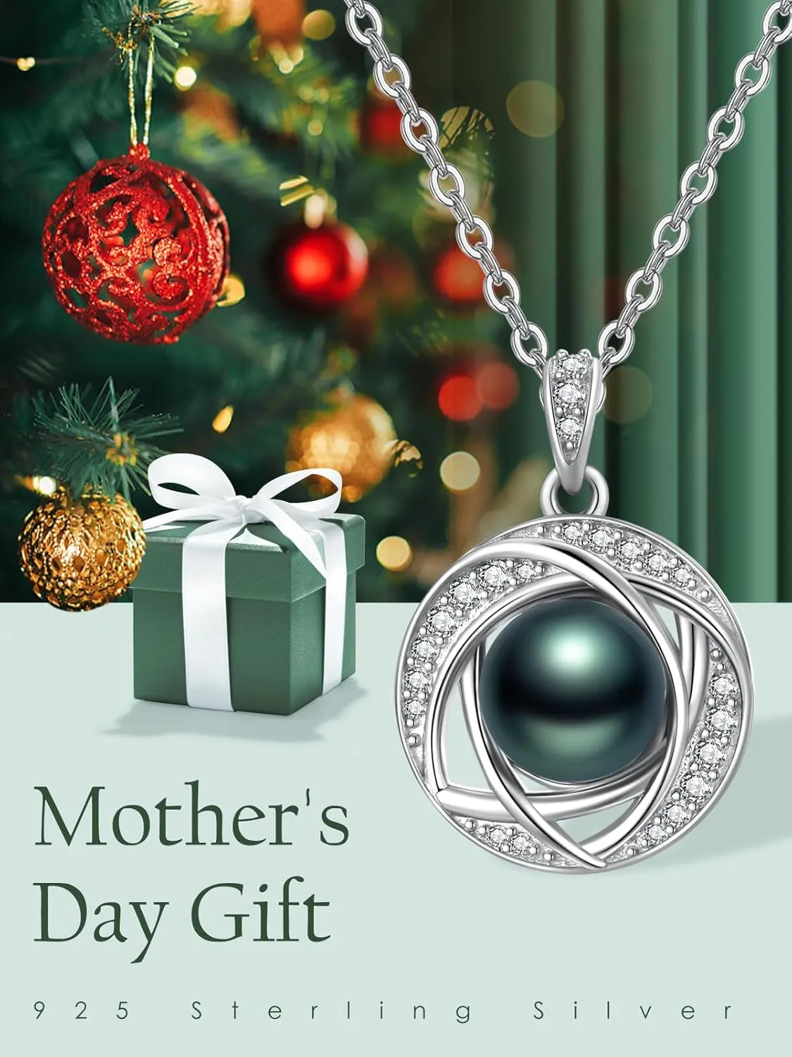 Tahitian Black Classic Necklace For Women 925 Sterling Silver Black Preal Pendant Classic Jewelry Gift For Wife Mom Girlfriend Christmas, Valentine's Day, Mother's Day Gift Jewelry