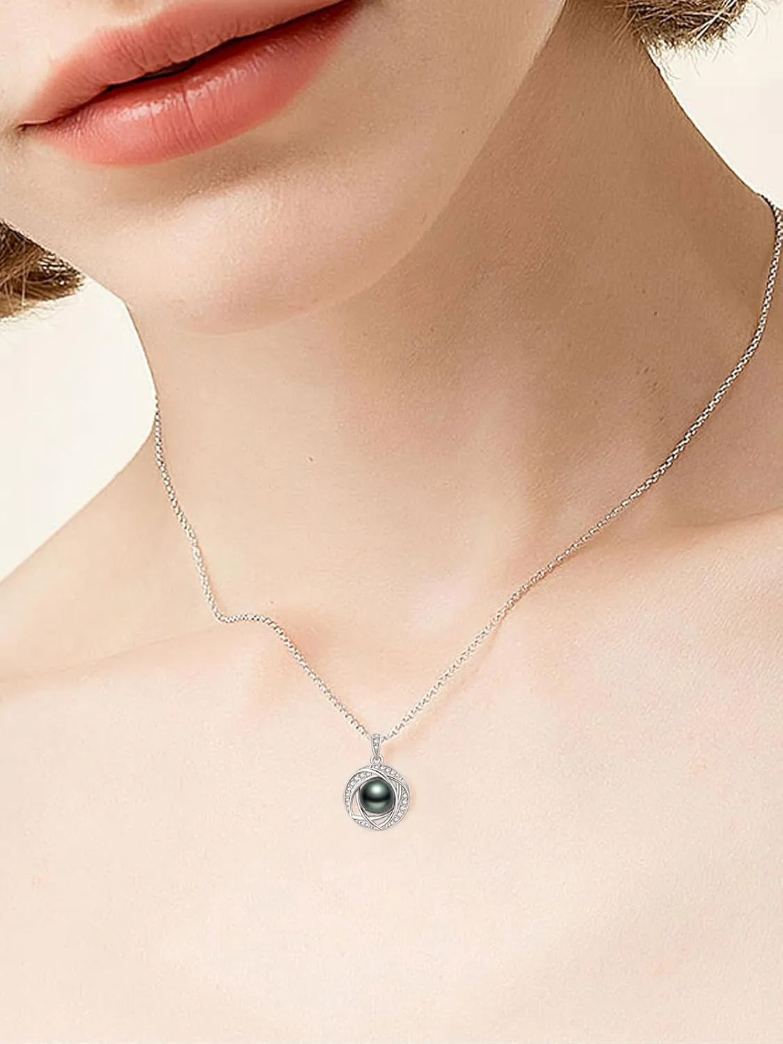 Tahitian Black Classic Necklace For Women 925 Sterling Silver Black Preal Pendant Classic Jewelry Gift For Wife Mom Girlfriend Christmas, Valentine's Day, Mother's Day Gift Jewelry