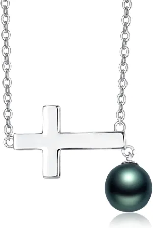 Tahitian Black Classic Necklace For Women 925 Sterling Silver Black Preal Pendant Classic Jewelry Gift For Wife Mom Girlfriend Christmas, Valentine's Day, Mother's Day Gift Jewelry