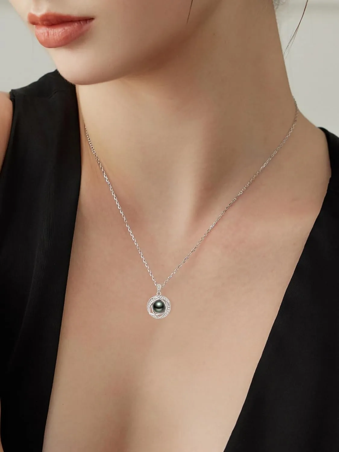 Tahitian Black Classic Necklace For Women 925 Sterling Silver Black Preal Pendant Classic Jewelry Gift For Wife Mom Girlfriend Christmas, Valentine's Day, Mother's Day Gift Jewelry