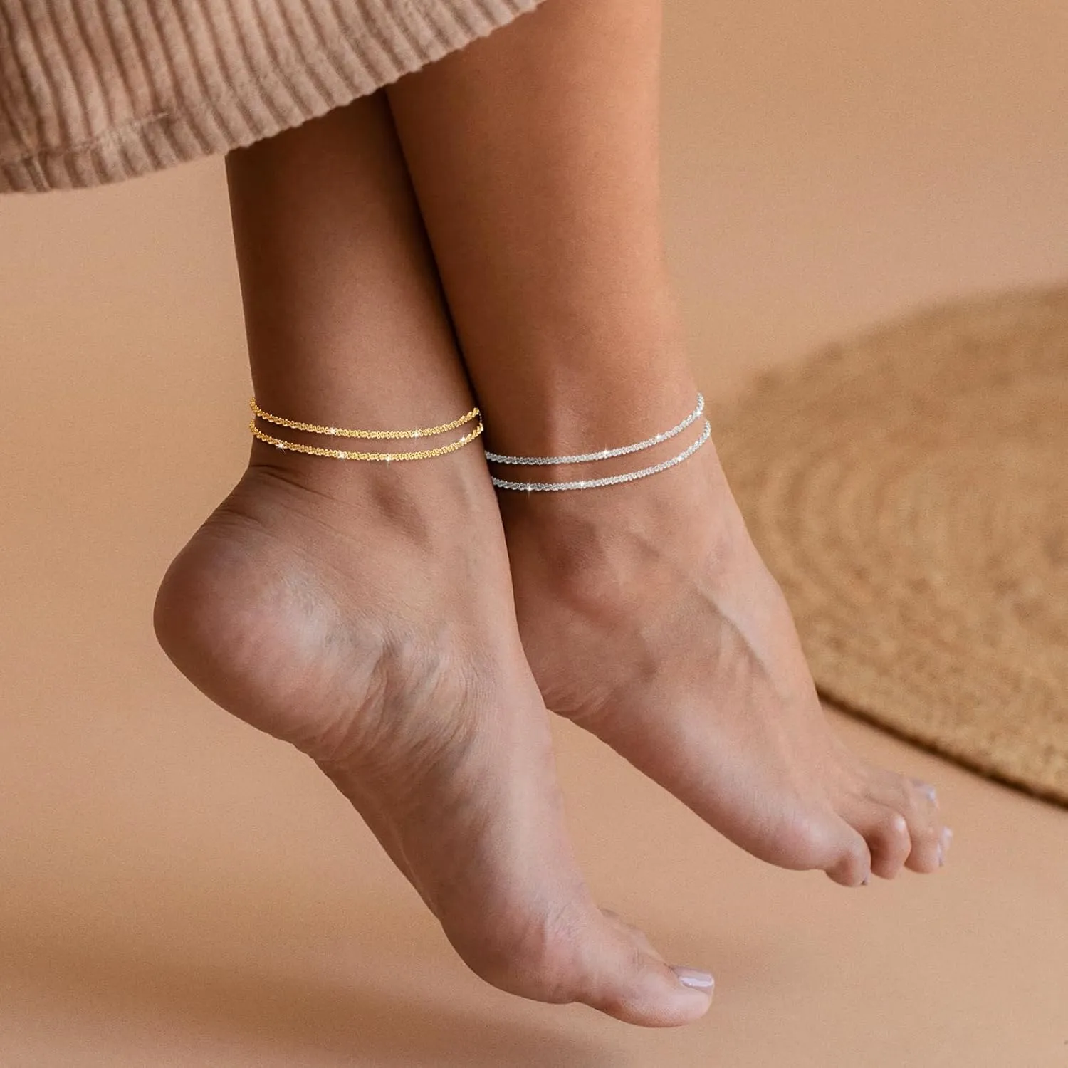Tasiso Gold/Silver Ankle Bracelets for Women,14K Gold Anklets for Women Waterproof Sparkly Chain Rhinestone Anklets Set Stackable Layered Anklet Bracelets for Women Beach Gold Jewelry Gift