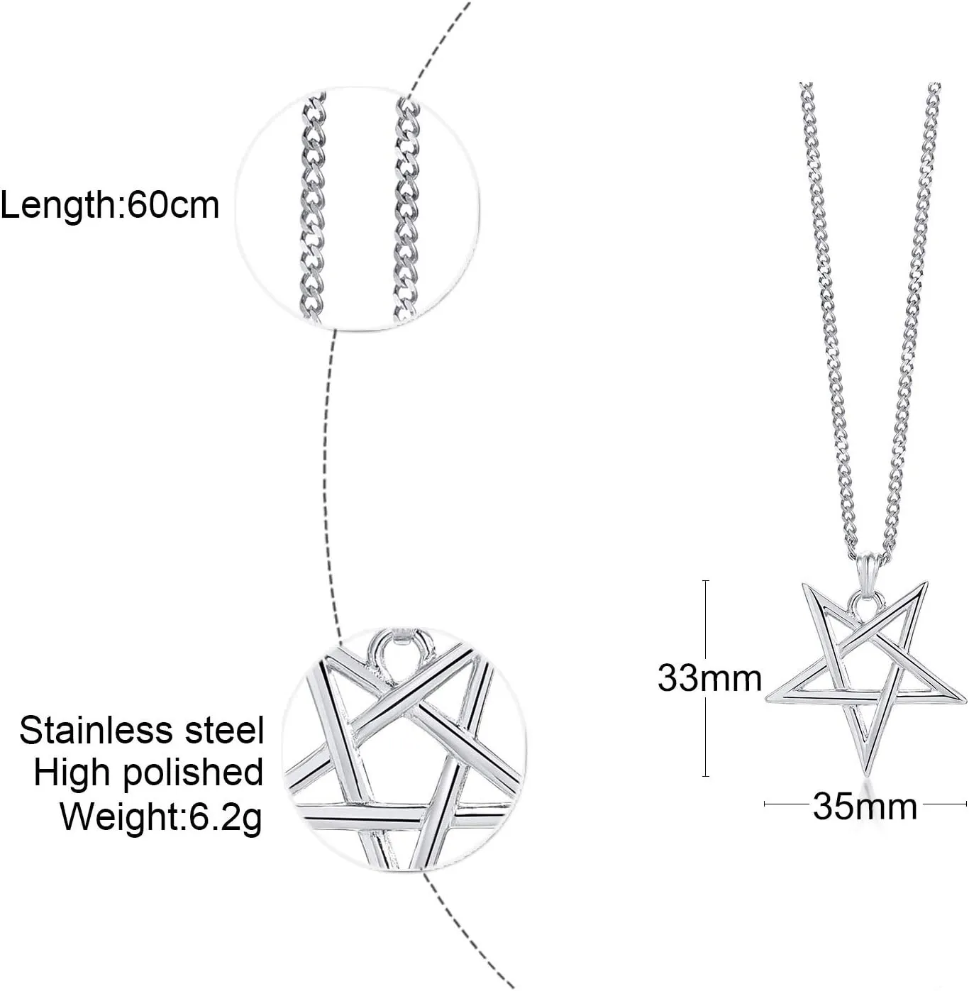 TempBeau Satanic Pentagram Baphomet Pendant Necklace - Handmade Upside Down Pentacle Link Chain, Satanism Church Punk Gothic Men Women Jewelry Gifts, 24" Satan Goat Necklace