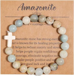 tenghong2021 8mm Natural Stone Cross Bracelet for Women Healing Elastic Stretch Beaded Bracelet Inspirational Christian Colorful Easter Bracelet for Women Men Gifts Jewelry