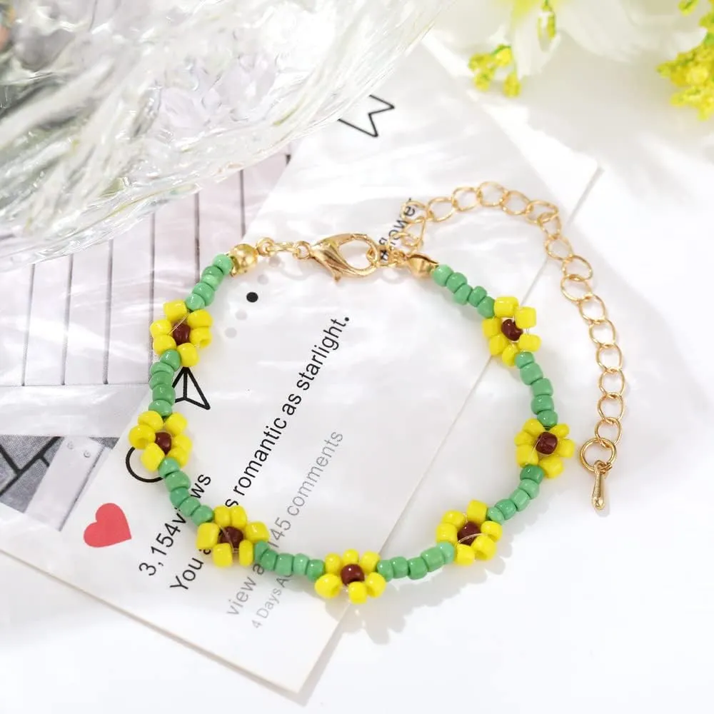 tenghong2021 Colorful Boho Flowers Seed Beaded Bracelet Cute Daisy Flower Bead Ankle Bracelets Handmade Waterproof Surfer Anklet Summer Beach Foot Jewelry for Women Teen Girls