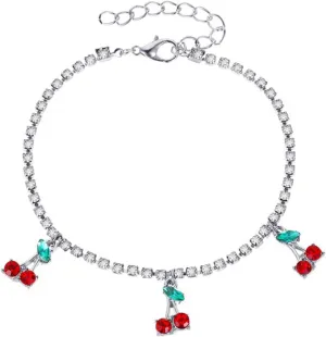 Tennis Ankle Bracelet Gold Rhinestone Chain Tennis Anklet Dainty Crystal Cherry Ankle Chain Boho Diamond Fruit Pendant Anklet Beach Wedding Foot Jewelry for Women
