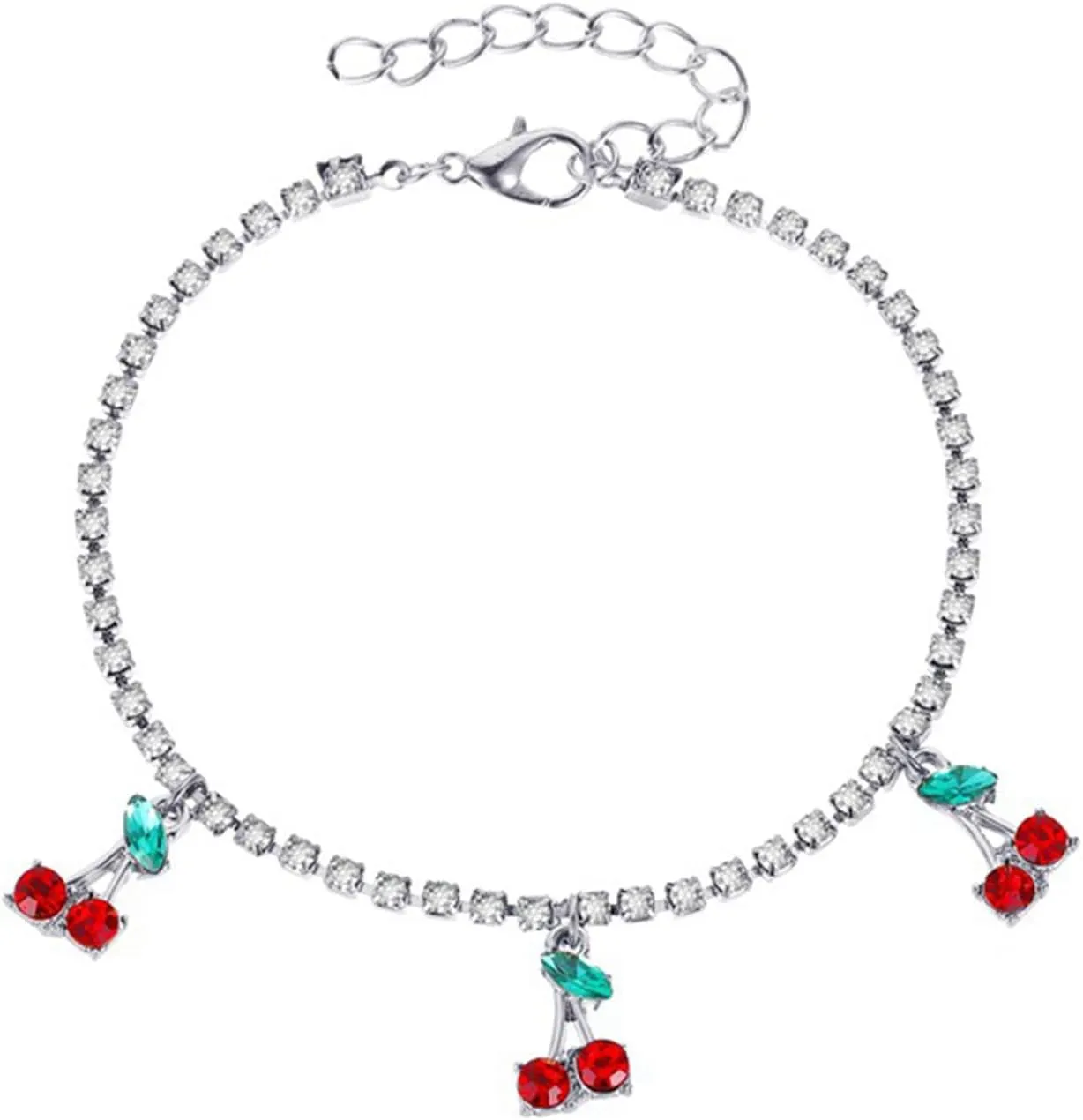 Tennis Ankle Bracelet Gold Rhinestone Chain Tennis Anklet Dainty Crystal Cherry Ankle Chain Boho Diamond Fruit Pendant Anklet Beach Wedding Foot Jewelry for Women