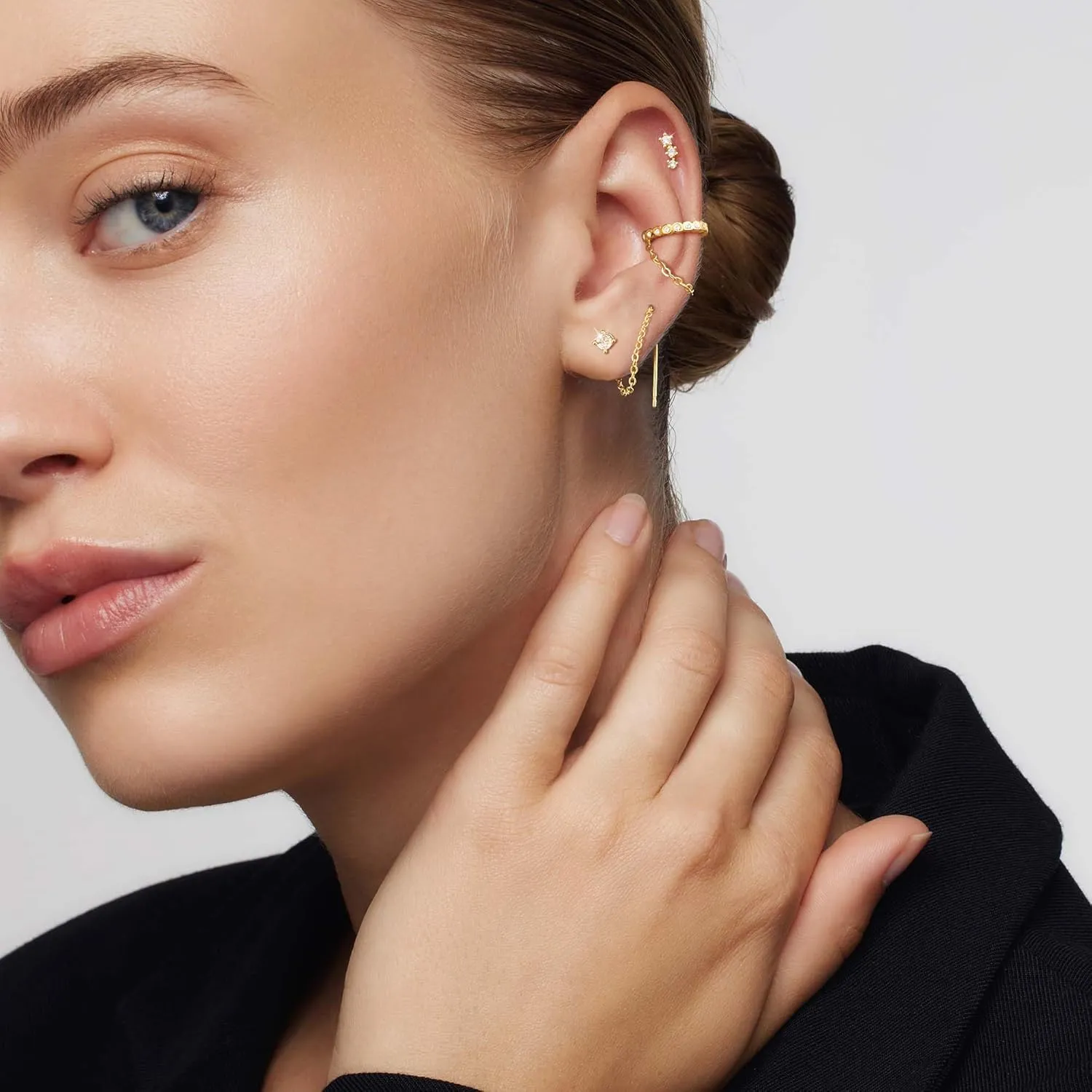 Tewiky Gold Chain Earrings for Women Dainty Long Dangle Chain Earring Set, Hypoallergenic Hoop Cubic Zirconia Stud Earring Stack, Chain Drop Earrings Jewelry Trendy for Women 3 Pairs