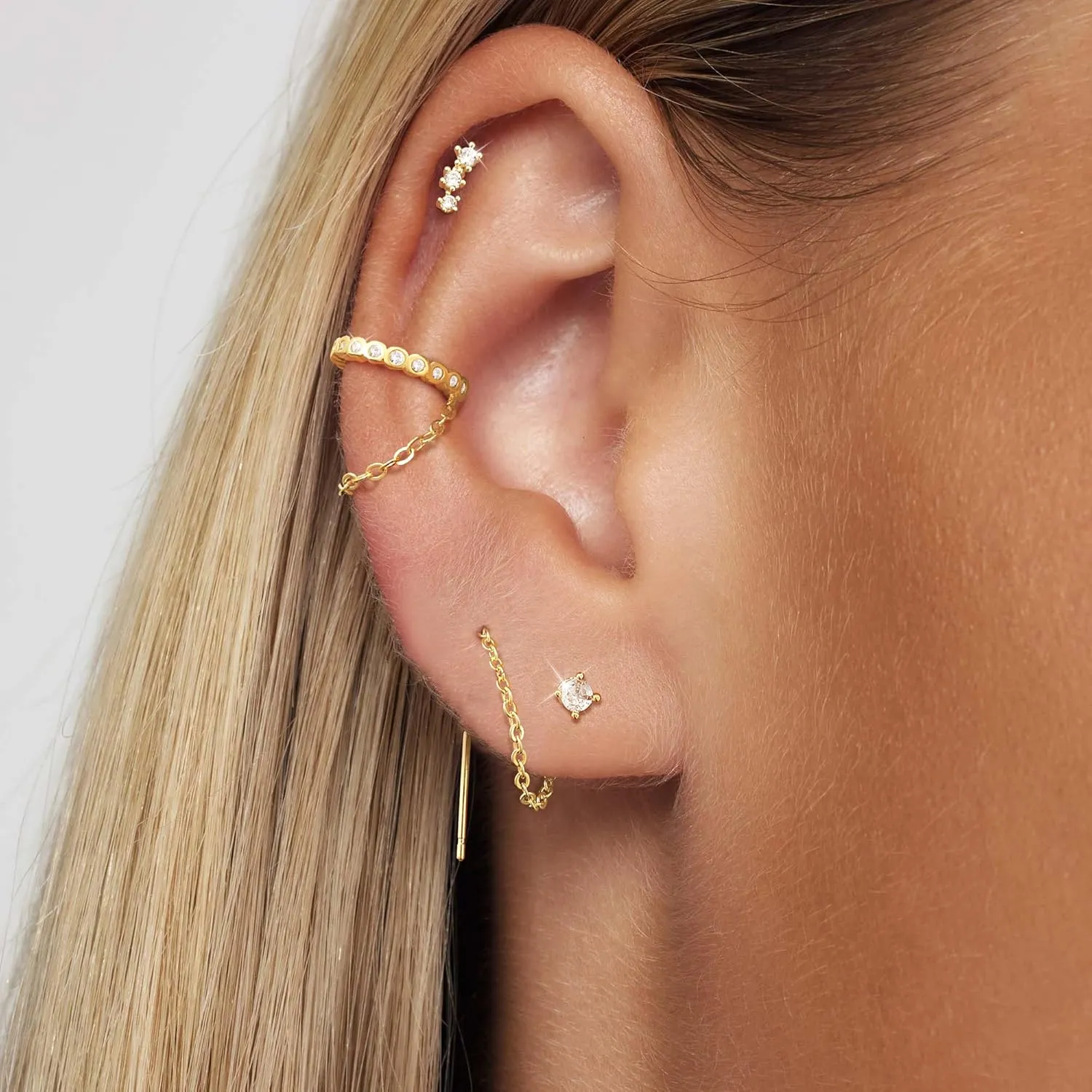 Tewiky Gold Chain Earrings for Women Dainty Long Dangle Chain Earring Set, Hypoallergenic Hoop Cubic Zirconia Stud Earring Stack, Chain Drop Earrings Jewelry Trendy for Women 3 Pairs
