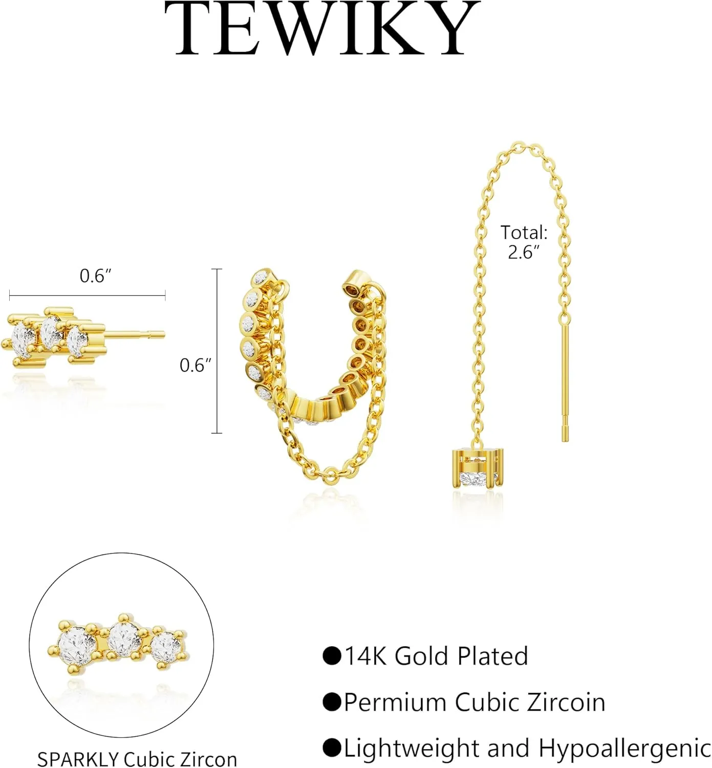 Tewiky Gold Chain Earrings for Women Dainty Long Dangle Chain Earring Set, Hypoallergenic Hoop Cubic Zirconia Stud Earring Stack, Chain Drop Earrings Jewelry Trendy for Women 3 Pairs