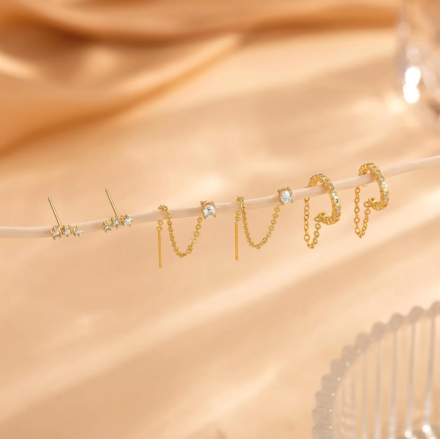 Tewiky Gold Chain Earrings for Women Dainty Long Dangle Chain Earring Set, Hypoallergenic Hoop Cubic Zirconia Stud Earring Stack, Chain Drop Earrings Jewelry Trendy for Women 3 Pairs