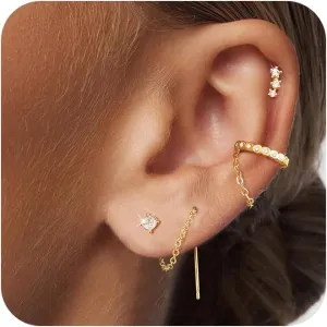 Tewiky Gold Chain Earrings for Women Dainty Long Dangle Chain Earring Set, Hypoallergenic Hoop Cubic Zirconia Stud Earring Stack, Chain Drop Earrings Jewelry Trendy for Women 3 Pairs