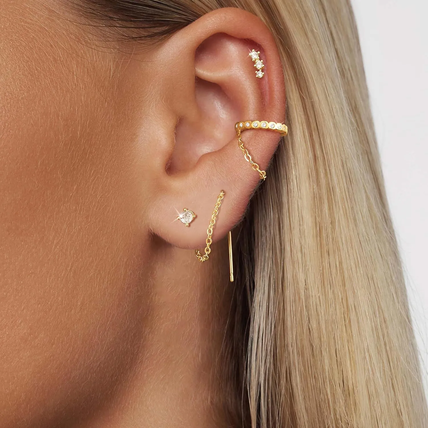 Tewiky Gold Chain Earrings for Women Dainty Long Dangle Chain Earring Set, Hypoallergenic Hoop Cubic Zirconia Stud Earring Stack, Chain Drop Earrings Jewelry Trendy for Women 3 Pairs