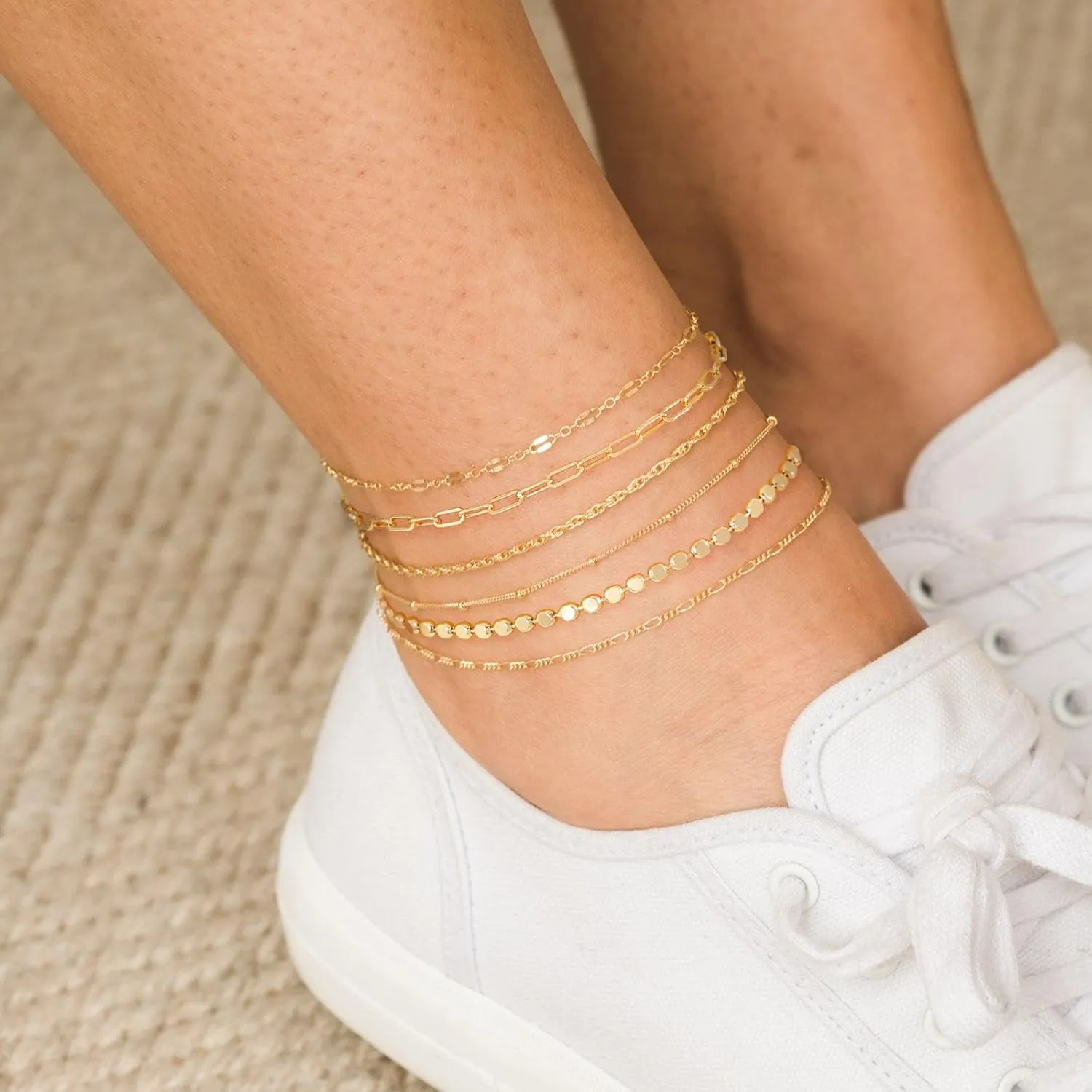 Tewiky Waterproof Ankle Bracelets for Women, 14K Real Gold Filled Anklets for Women 6PCS Anklet Set Dainty Summer Beach Jewelry