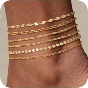 Tewiky Waterproof Ankle Bracelets for Women, 14K Real Gold Filled Anklets for Women 6PCS Anklet Set Dainty Summer Beach Jewelry