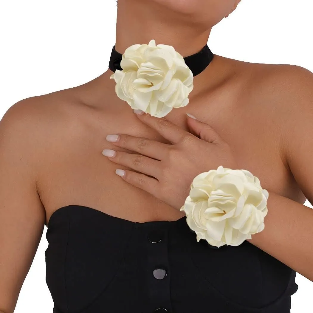Tgirls Black Choker Flower Velvet Necklace Set Retro Rose Corsage Gothic Necklaces Collar Wristband Halloween Costume Gift for Women and Girls