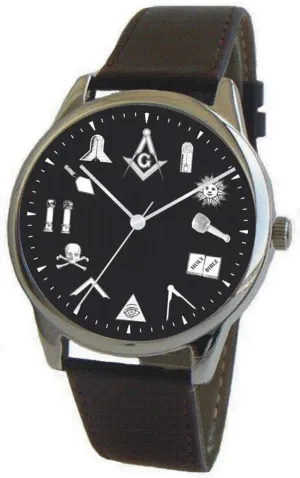 The Classic Masonic Emblem Black Dial Watch Has Black Leather Band