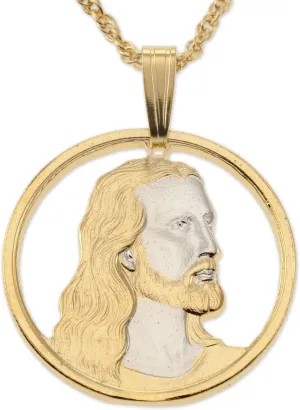 The Difference World Coin Jewelry Lord Jesus Pendant and Necklace, Medallion Hand Cut, 14 Karat Gold and Rhodium Plated, 7/8