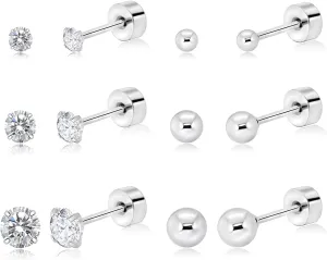 Threadless Flat Back Earrings for Women,Men,3 Pairs Hypoallergenic Push in Flat Back Cubic Zirconia, Titanium Surgical Stainless Steel Stud Earring for Cartilage Tragus Helix Piercing Jewelry