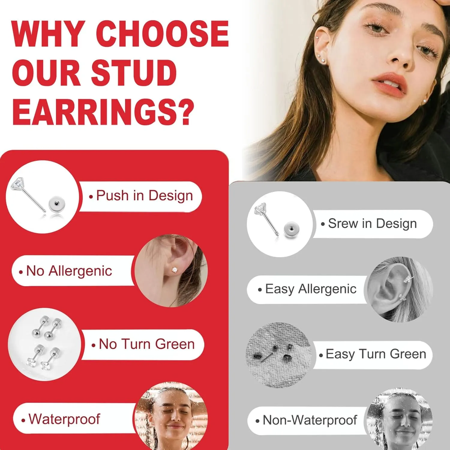 Threadless Flat Back Earrings for Women,Men,3 Pairs Hypoallergenic Push in Flat Back Cubic Zirconia, Titanium Surgical Stainless Steel Stud Earring for Cartilage Tragus Helix Piercing Jewelry