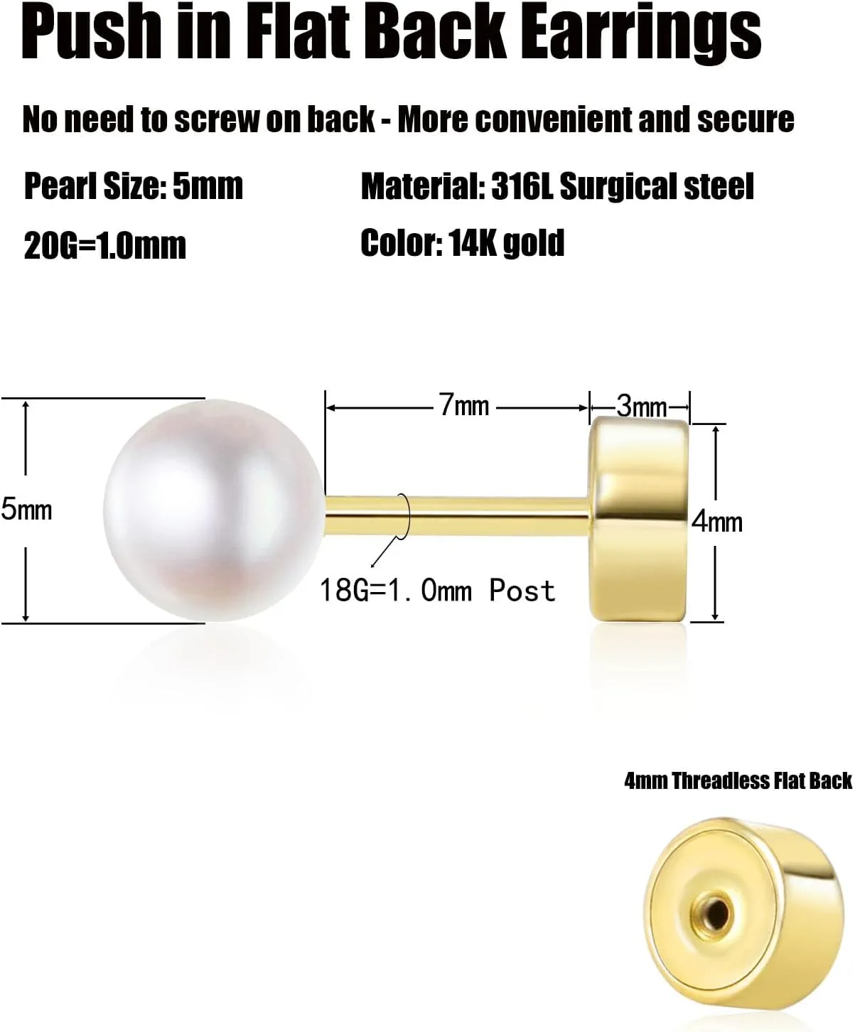 Threadless Flat Back Pearl Earrings, 14K Gold Plated Pearl Stud Earrings Hypoallergenic | Cartilage Earring | Helix Piercing Jewelry | Tragus Piercing Jewelry | Push in Flatback Earrings for Women Men