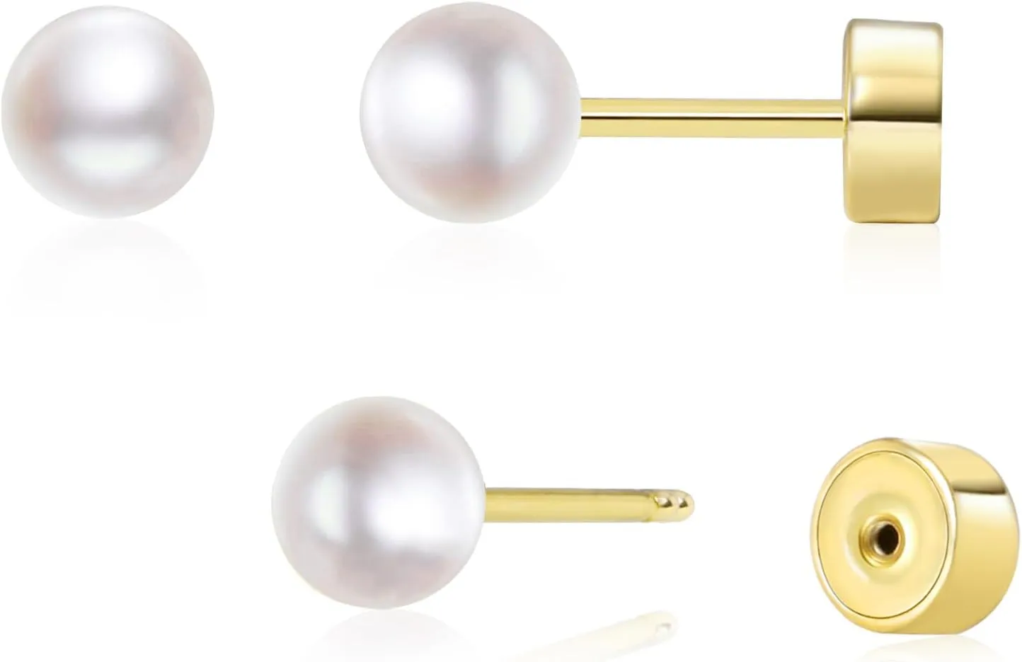 Threadless Flat Back Pearl Earrings, 14K Gold Plated Pearl Stud Earrings Hypoallergenic | Cartilage Earring | Helix Piercing Jewelry | Tragus Piercing Jewelry | Push in Flatback Earrings for Women Men