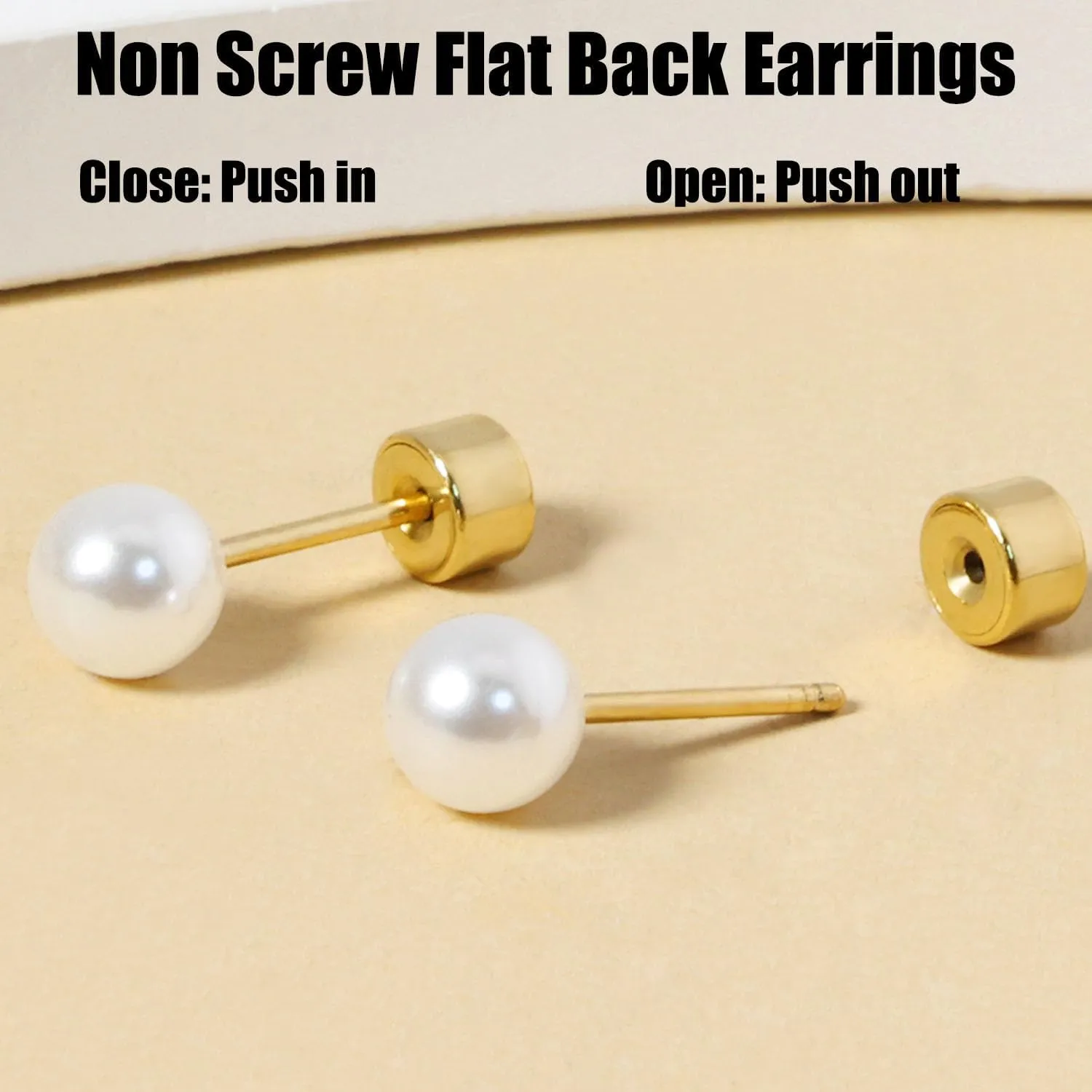 Threadless Flat Back Pearl Earrings, 14K Gold Plated Pearl Stud Earrings Hypoallergenic | Cartilage Earring | Helix Piercing Jewelry | Tragus Piercing Jewelry | Push in Flatback Earrings for Women Men