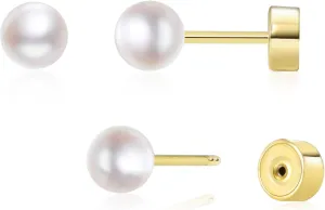Threadless Flat Back Pearl Earrings, 14K Gold Plated Pearl Stud Earrings Hypoallergenic | Cartilage Earring | Helix Piercing Jewelry | Tragus Piercing Jewelry | Push in Flatback Earrings for Women Men